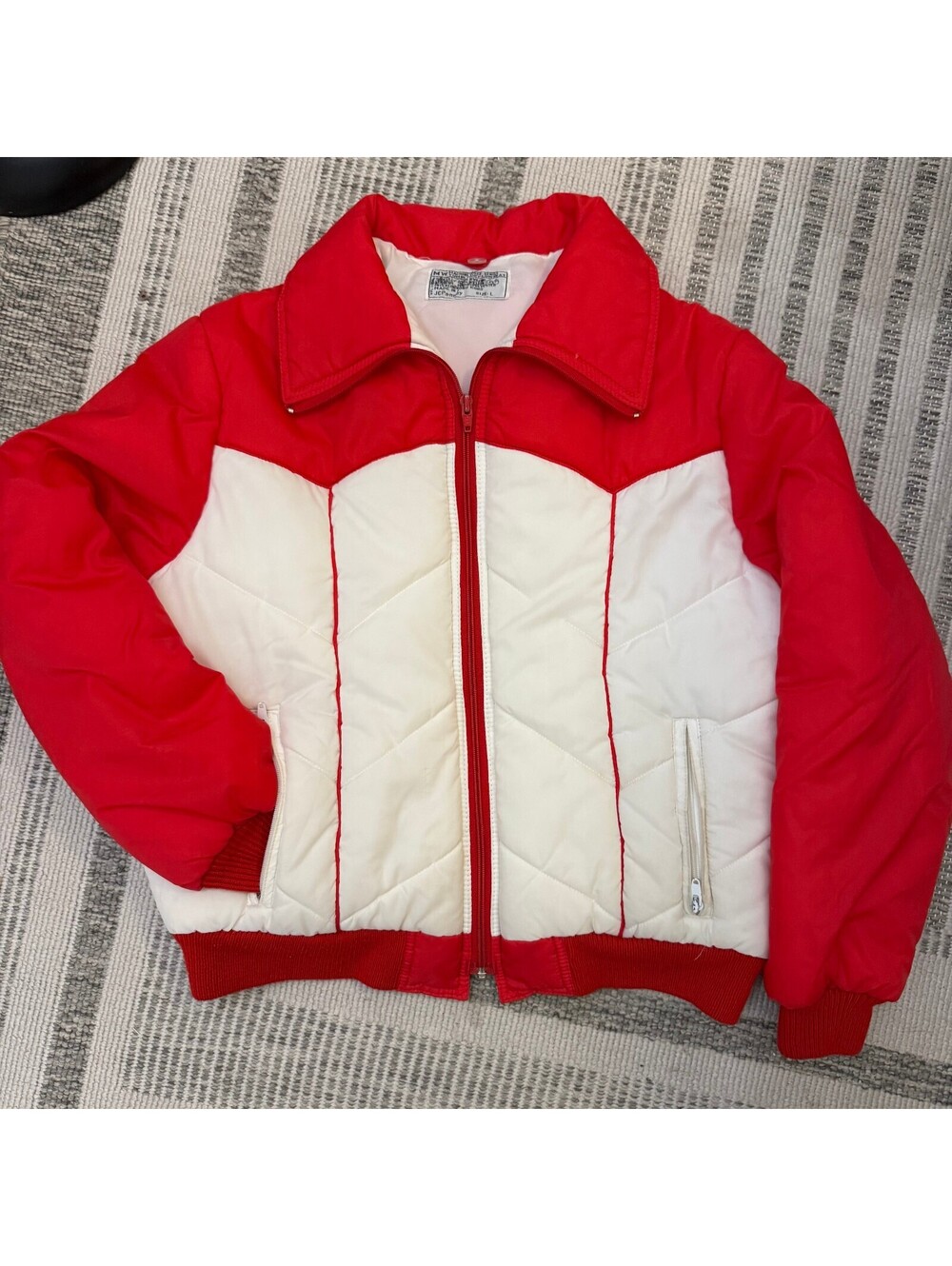 Vintage 80s JCPenney Red Ivory Colorblock Quilted Puffer Jacket L